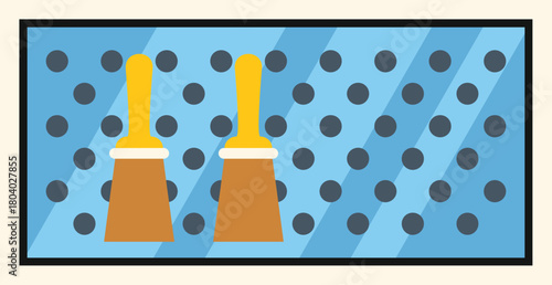 Pegboard wall organizer with two cleaning brushes hanging, organizing and storing cleaning supplies in laundry room