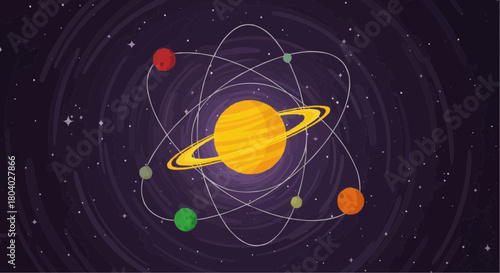 A stylized illustration of a Saturn-like planet at the center of an atom model, with smaller colorful planets orbiting like electrons in a cosmic background.