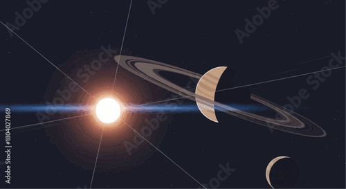 A vibrant illustration of a ringed planet and a crescent moon orbiting a bright star in the vast expanse of space.