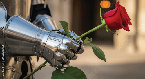 Knight's gauntlet delicately holding a single red rose in a gesture of peace