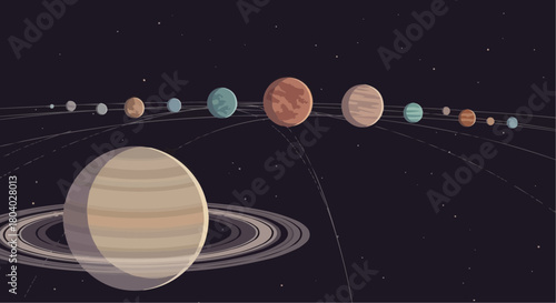 A stylized illustration of a solar system with a large ringed planet in the foreground and numerous other planets orbiting in the background.