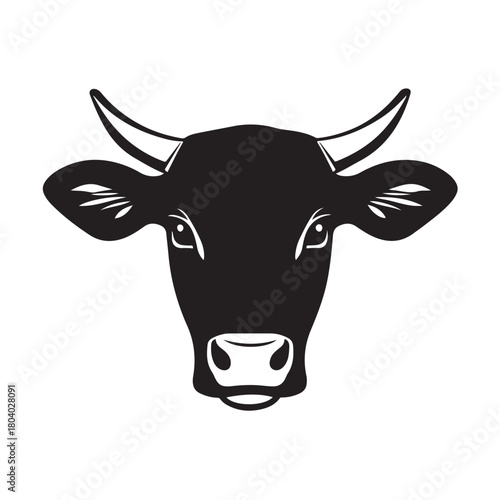 cow head in silhouette, Detailed black and white sketch of a cow head in silhouette style,  cow head with horns and expressive eyes silhouette vector