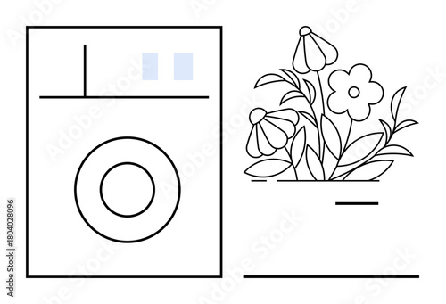 Washing machine next to blooming flowers in a pot. Ideal for sustainability, eco-living, green energy, minimalism, home care, nature conservation, simple flat metaphor