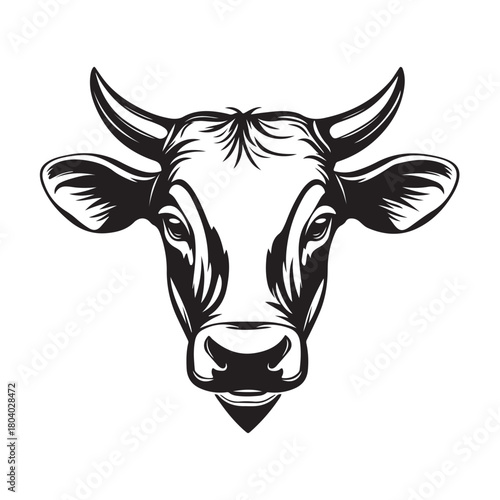 cow head in silhouette, Detailed black and white sketch of a cow head in silhouette style,  cow head with horns and expressive eyes silhouette vector