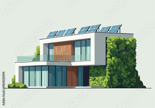 Modern two-story house with solar panels, green wall, and glass windows.