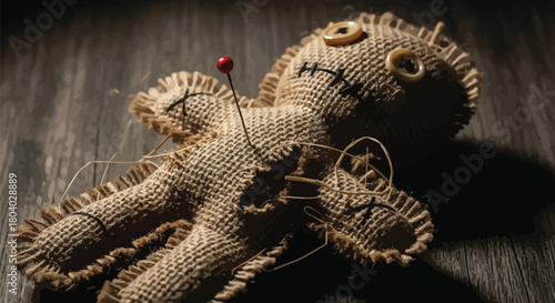 Voodoo doll with a red pin stuck in its chest on a dark wooden background
