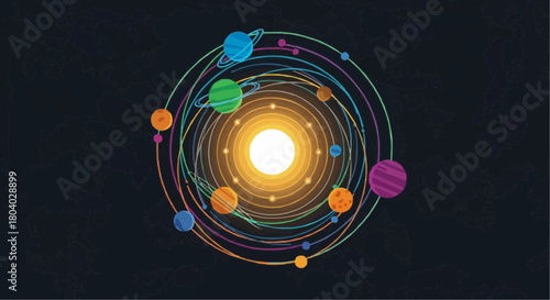 A colorful, stylized illustration of a solar system with a bright sun at the center and multiple planets orbiting on distinct paths in dark space.