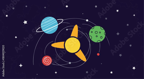 A colorful cartoon illustration of a stylized solar system with planets orbiting a central yellow fan-like object in deep space with stars.