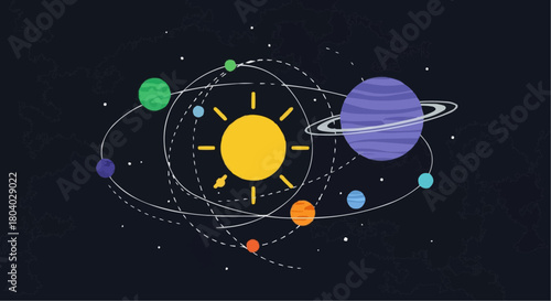 Stylized illustration of the solar system with the sun at the center and planets orbiting it in a dark space background with stars.