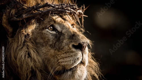 Majestic lion wearing crown of thorns symbolizes strength, sacrifice, and faith for religious publications and spiritual themes