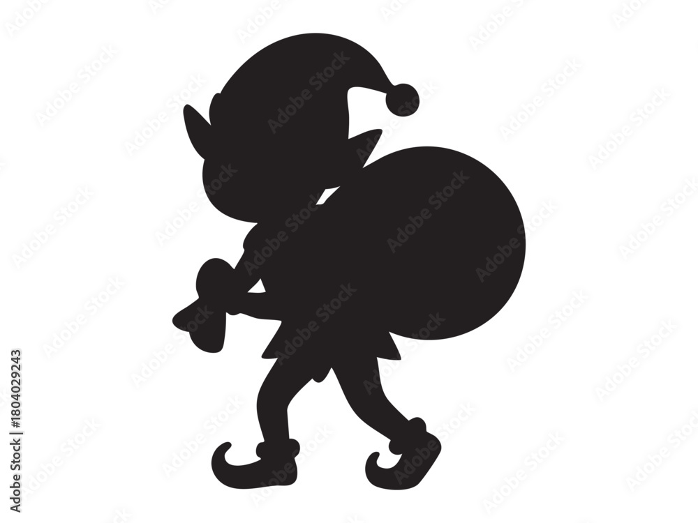 Obraz premium Black silhouette of christmas elf carrying large sack, isolated on white background. concept of holiday, festive season, santa's helper, magical creature, winter decor, cutout design.