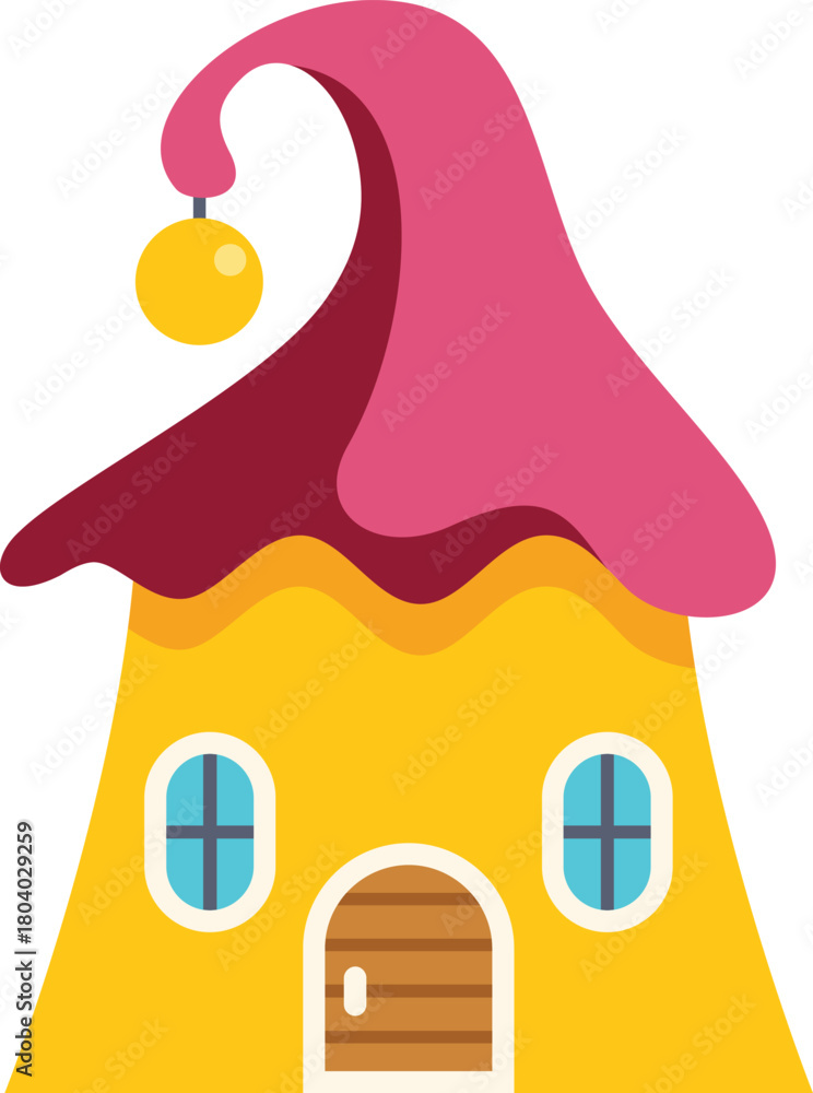 Naklejka premium Cute fairy house with pink roof and golden ball hanging from its curl, perfect for children's book illustrations or fantasy projects