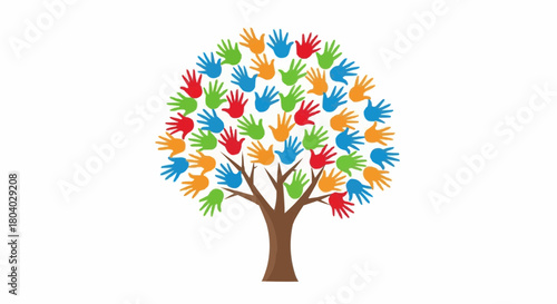A vibrant tree with a canopy formed by numerous colorful handprints symbolizing community and diversity.