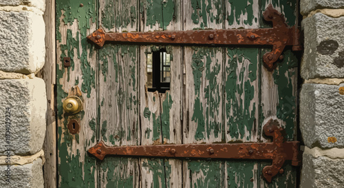 Weathered wooden door with peeling green paint and rusty iron hinges closeup view