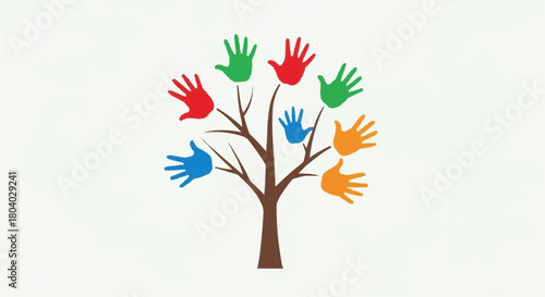 A tree with branches adorned with colorful handprints, symbolizing diversity and community.
