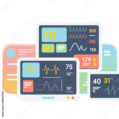 Hospital monitors displaying vital signs and medical data for healthcare  