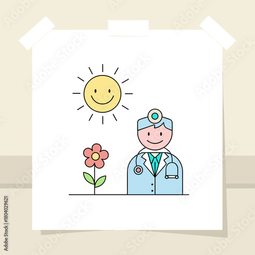 Smiling doctor with stethoscope standing next to flower and sun  