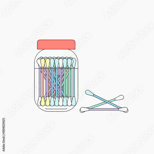 Colorful cotton swab set in jar with pastel colors on white background  