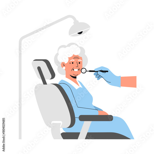 Elderly woman smiling in dental chair during dental check-up  