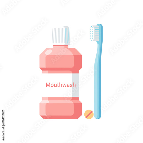 Mouthwash bottle and toothbrush with a pill on white background  