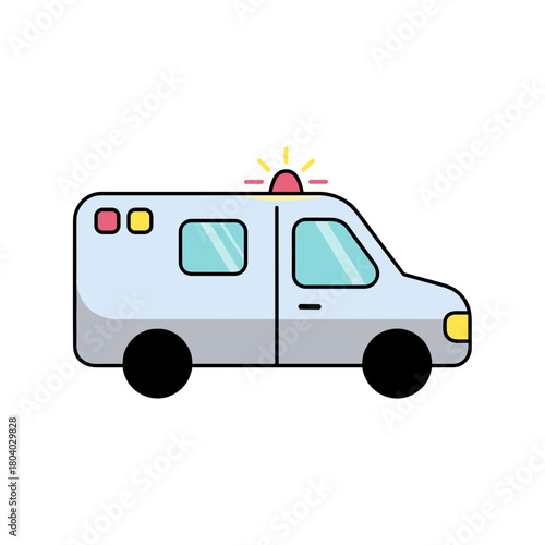 Cartoon ambulance vehicle with flashing lights on white background  
