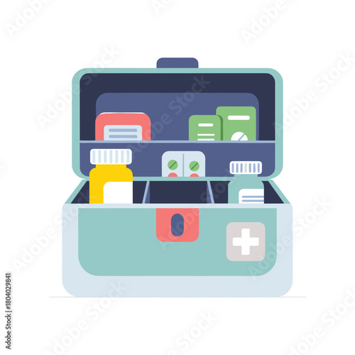 Open vintage medicine chest with assorted bottles and boxes  