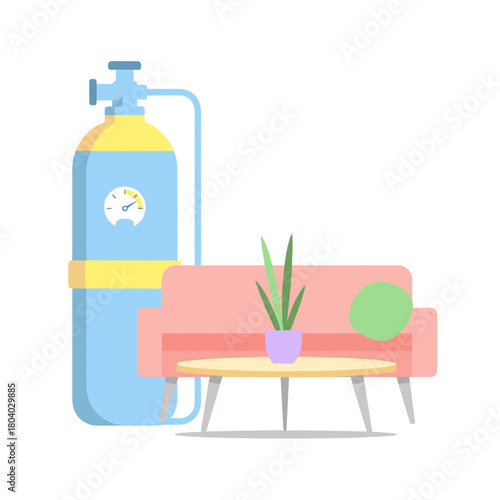 Oxygen tank beside pink sofa with plant on wooden table at home  