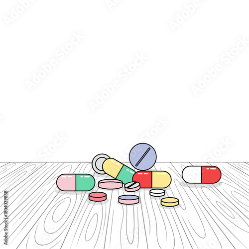 Colorful pills scattered on wooden floor in minimalist style  