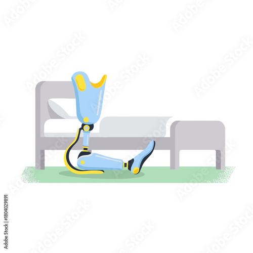 Prosthetic leg resting next to bed in a minimal and modern style  