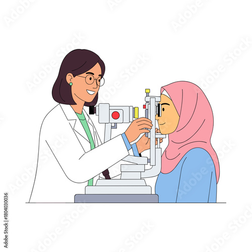 Female optometrist examining patient wearing hijab during eye test  