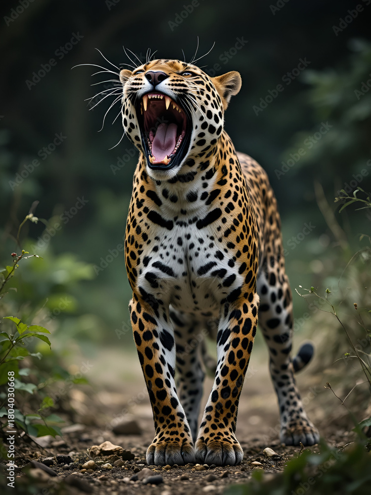 Obraz premium Leopard's Fierce Roar: A striking leopard stands in mid-action, with its mouth wide open in a roaring display, showcasing its powerful presence and captivating the essence of the wild.