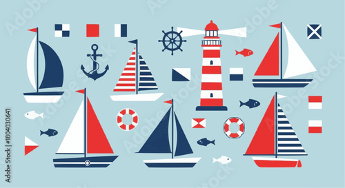A vibrant collection of nautical elements including sailboats, a lighthouse, anchor, ship's wheel, lifebuoys, fish, and signal flags on a light blue background.