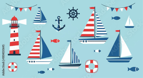 Nautical themed collection with sailboats, lighthouse, anchor, ship's wheel, fish, and lifebuoys on a light blue background.