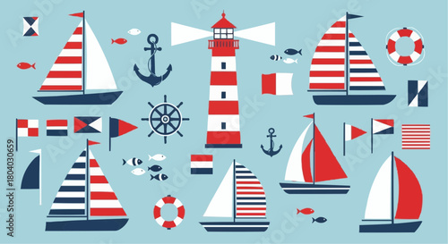 A collection of nautical elements including sailboats, a lighthouse, anchors, and flags in a flat design style.