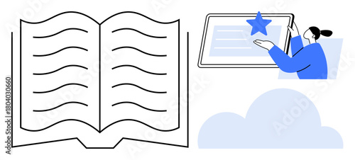 Open book alongside a person interacting with a digital tablet featuring a star icon, with a cloud element in the background. Ideal for education, learning, online study, digital transition