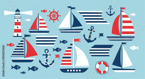 A vibrant illustration featuring various nautical elements like sailboats, lighthouses, anchors, and fish on a light blue background.
