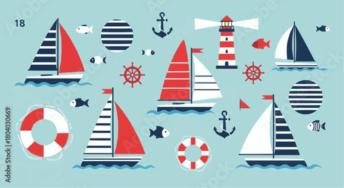 A vibrant collection of nautical elements featuring sailboats, a lighthouse, anchors, lifebuoys, fish, and helms on a light blue background.