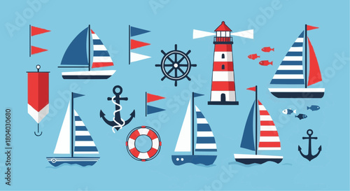 A vibrant collection of nautical elements featuring sailboats, a lighthouse, anchors, a ship's wheel, and flags, all set against a serene blue background.
