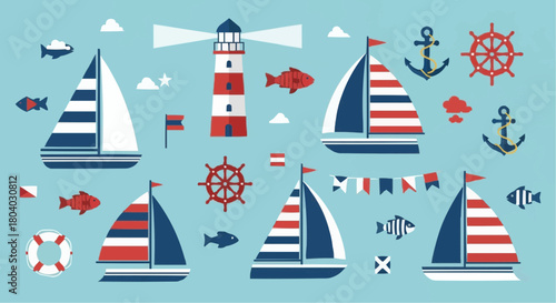 A vibrant collection of nautical themed illustrations featuring sailboats, a lighthouse, anchors, and fish on a light blue background.