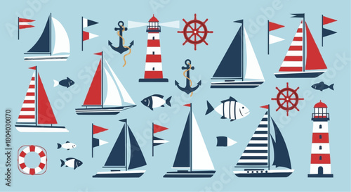 A charming collection of nautical icons featuring sailboats, lighthouses, and anchors in a classic maritime color palette.