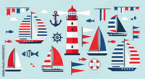 A vibrant flat illustration of various nautical elements including sailboats, a lighthouse, anchor, and fish on a light blue background.