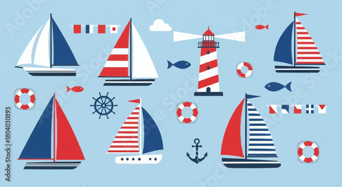 A vibrant collection of nautical themed elements including sailboats, a lighthouse, and marine symbols.