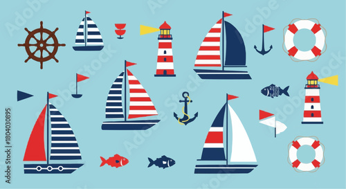 Collection of nautical-themed illustrations, including sailboats, anchors, and lighthouses, on a blue background.