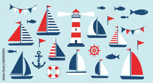 A charming collection of nautical elements including sailboats, a lighthouse, fish, anchor, lifebuoy, and flags on a light blue background, perfect for maritime themes.