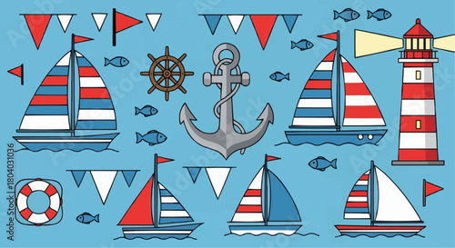 Nautical themed collection with sailboats, lighthouse, anchor, and ship's wheel on a blue background, perfect for marine designs.