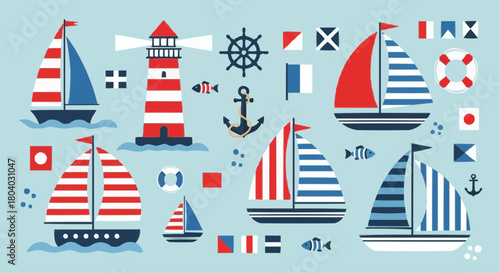 Flat design illustration of various nautical elements including sailboats, a lighthouse, anchor, ship's wheel, and flags on a light blue background.