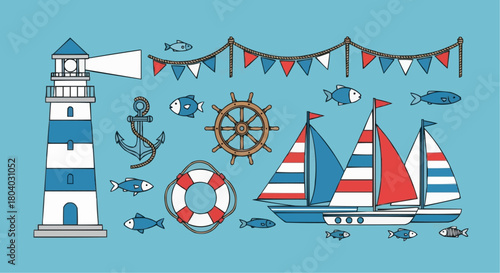 A collection of nautical-themed illustrations featuring a lighthouse, sailboats, anchor, lifebuoy, fish, and decorative flags on a light blue background.