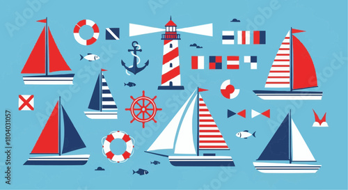 A collection of nautical elements including sailboats, a lighthouse, anchor, lifebuoys, and signal flags on a blue background.