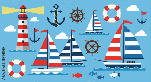 A vibrant collection of nautical elements including lighthouses, sailboats, anchors, and lifebuoys on a blue background.