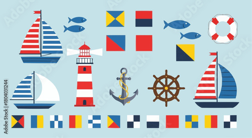 A collection of nautical elements including sailboats, a lighthouse, anchor, ship's wheel, fish, lifebuoy, and signal flags on a light blue background.